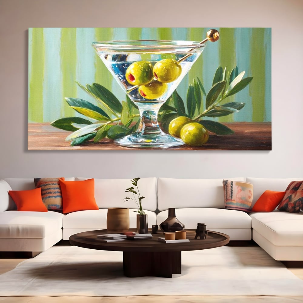 Tablou canvas cu pictura cu pahar martini si masline, fara rama, pe sasiu de lemn, pe perete intr-un living
